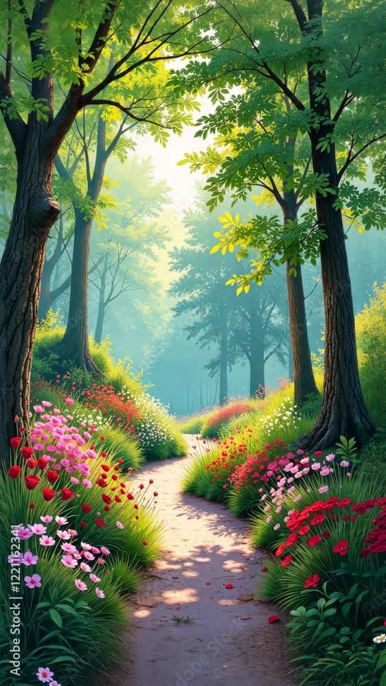 Poster a path through a forest with flowers on either side. the flowers are pink and yellow. the path is li