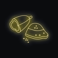 Glowing neon yellow cocoa pod and piece of chocolate with cocoa beans, representing chocolate production process