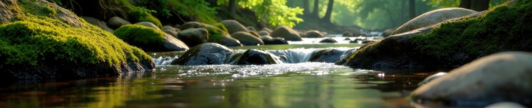 Gentle stream trickling over smooth rocks and moss, forest, trickle