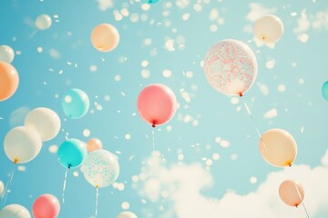 A vibrant bunch of colorful balloons is soaring gracefully in the sky