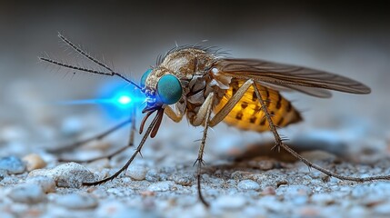Close-up of a glowing insect with blue light on a textured surface, showcasing its details