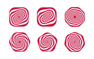 Abstract wavy spiral designs set in red and white with optical illusion effects. Features distorted shapes in rounded and polygonal frames, ideal for logos, branding, and creative projects.