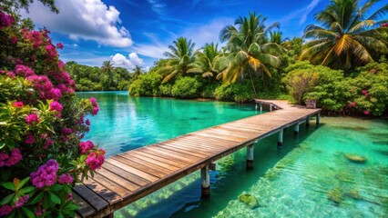 Fototapeta premium A serene wooden dock suspended above a tranquil turquoise lagoon surrounded by lush green tropical vegetation and vibrant exotic flowers , harbor, wood dock