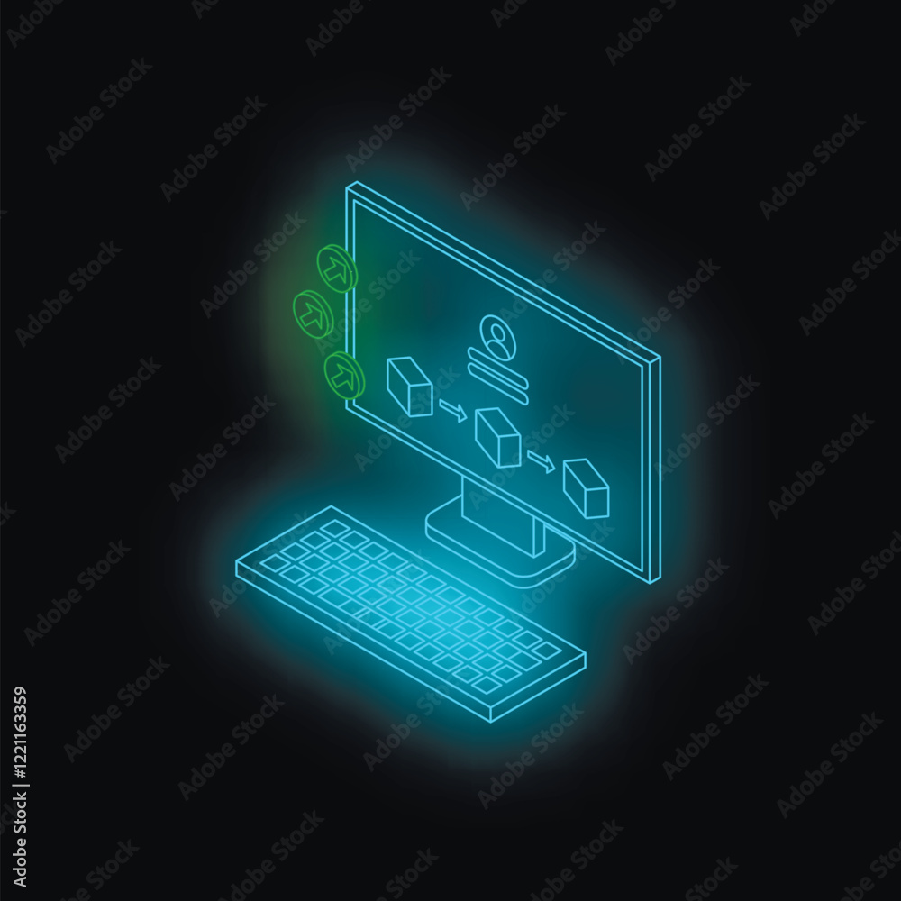 Poster neon isometric illustration of product delivery process and user profile on computer screen with upl