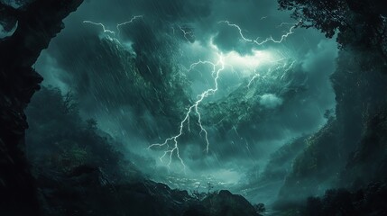 Mountainous thunderstorm landscape, dramatic lightning strike, rain, dark forest, game background