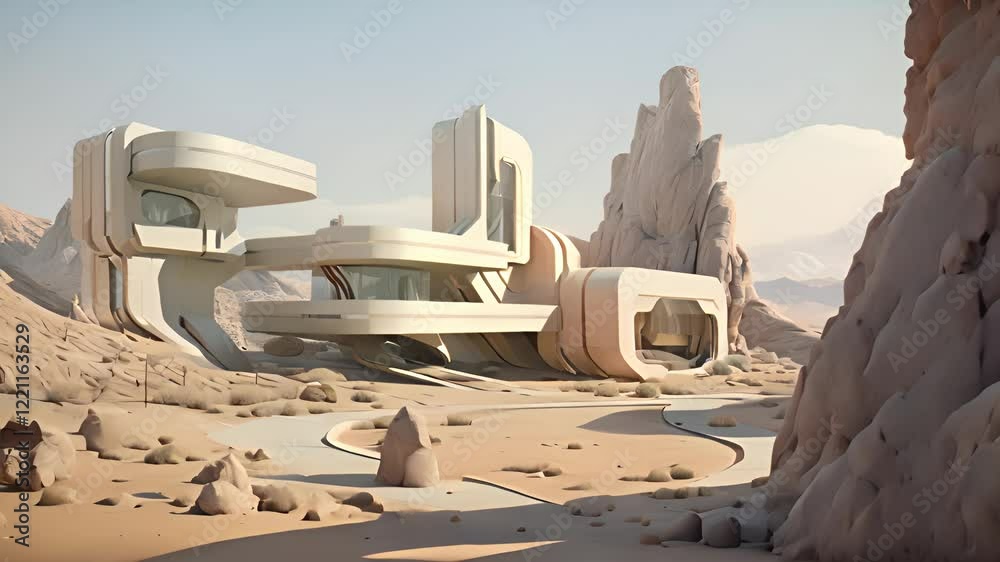 Poster retro futuristic architecture in sci-fi scene on the desert planet. alien landscape with nostalgic r