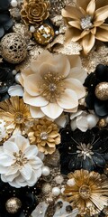 Elegant floral arrangement with gold, black, and white accents