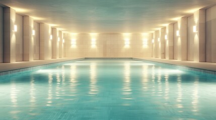 Fototapeta premium Luxury hotel interiors with exclusive lighting. Indoor swimming pool with soft lighting and tranquil water surface.
