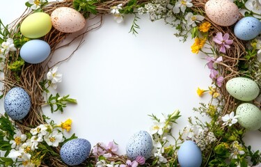 A wreath with colorful easter eggs and flowers on a white background