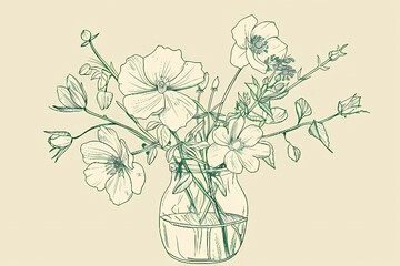 Obraz premium flowers in vase, features blooming flowers, small buds, and leafy branches, all drawn in a simple, monochrome line art style with a green hue set against a light background