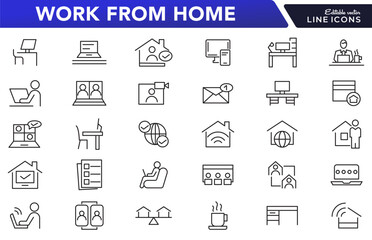 Work from home line icon set.  Contains such Icons as a freelancer, Remote work, Coworking, Video Conference, hybrid work, digital nomad, and Remote work line icon set. UI thin line icon pack.