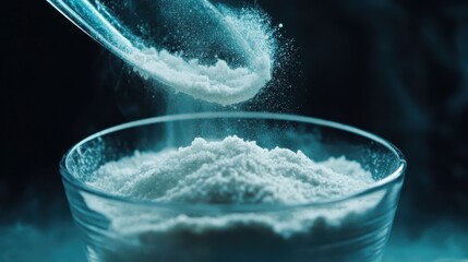 Close-up of a spoon sprinkling fine white powder into a clear glass bowl, with smoke in the background