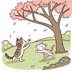 Cats playing under a cherry blossom tree vector illustration
