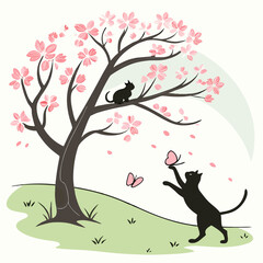 Cats playing under a cherry blossom tree vector illustration