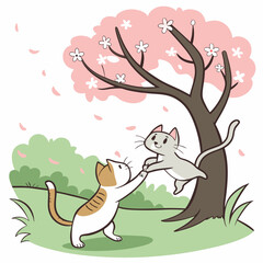 Cats playing under a cherry blossom tree vector illustration