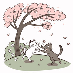 Cats playing under a cherry blossom tree vector illustration
