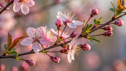 Obraz premium Close-up Spring Blossom Branch Soft Pink Flowers and Buds, Macro Photography, Nature's Beauty, Springtime, Floral, Botany Spring blossoms,macro photography