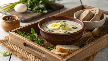 Creamy Egg and Herb Soup in Rustic Bowl, Wooden Tray, Food Photography, Spring Recipe, Soup Recipe Keywords Soup, Recipe