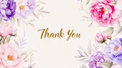 Gratitude flower card with Elegant "Thank You" text in gold script framed by floral arrangements on delicate beige background. Concept of gratitude, holiday card, sophistication, and timeless beauty