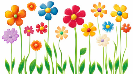 Colorful flowers blooming, garden illustration, white background, spring design