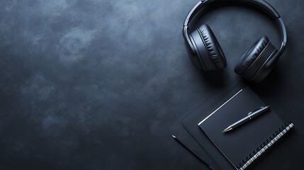 Headphones, notebook, and pen on a dark surface for creative work.