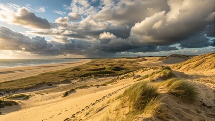 Dramatic Coastal Dunescape Wide Shot, Golden Hour Clouds, Sand Texture, Beach View, Grasslands Coastal photography, Landscape photography