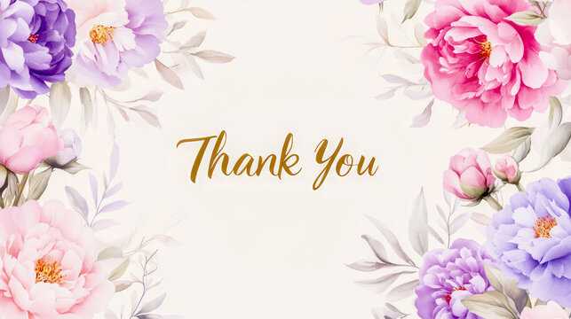 Gratitude flower card with Elegant "Thank You" text in gold script framed by floral arrangements on delicate beige background. Concept of gratitude, holiday card, sophistication, and timeless beauty