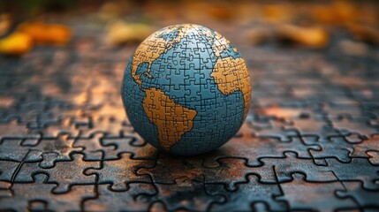 Puzzle globe on autumn leaves background; global issues concept; website banner
