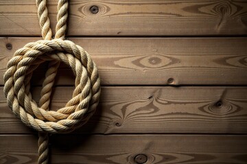 Fototapeta premium Nautical Rope Knot on Rustic Wooden Planks A Textured Background Image Perfect for Maritime or Nautical-Themed Designs