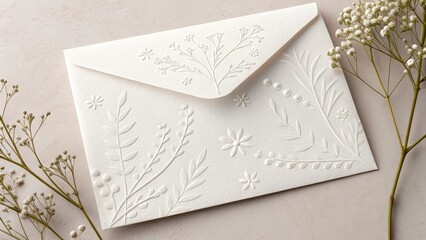 Embossed Floral Envelope Design White, Botanical Illustration, Stationery, Wedding, Invitation Wedding stationery, embossed design