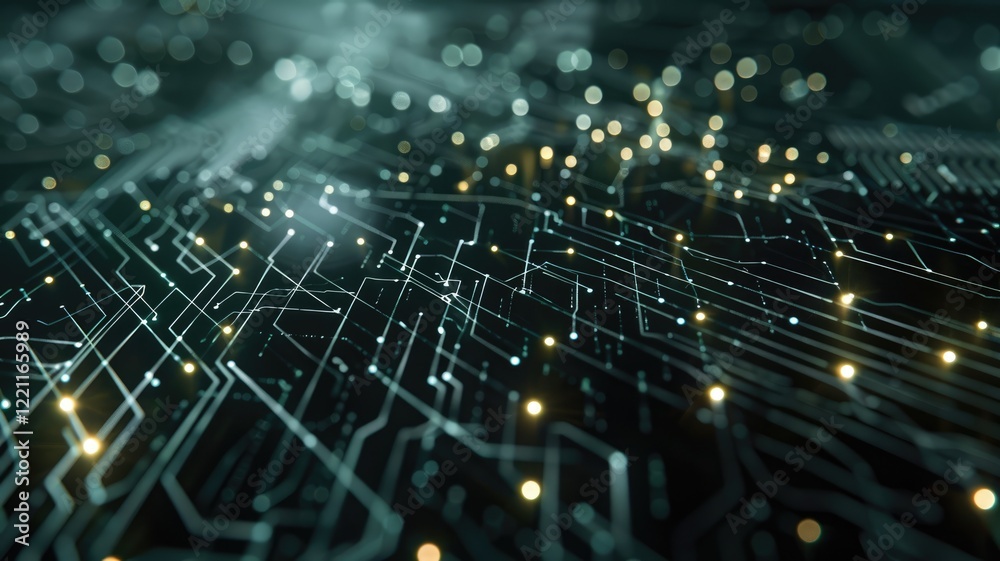 Poster vibrant color circuit board with detailed lines and patterns on a dark background. digital art for d