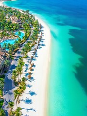 Aerial View of Pristine Beach Resort - Luxurious beachfront resort, turquoise water, white sand, palm trees, aerial view.  Symbolizing: relaxation, luxury, paradise, escape, tranquility.