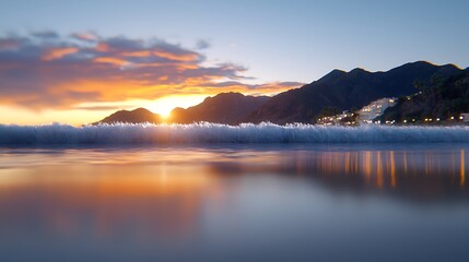 Naklejka premium Serene Coastal Sunset With Golden Hues and Mountain Silhouette