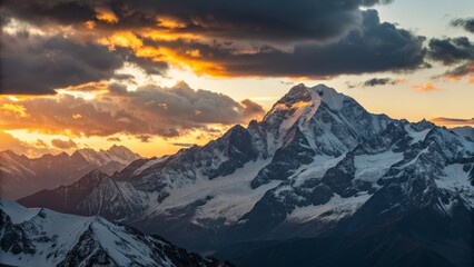 Fiery Sunset over Snowy Mountain Range Landscape Photography, Dramatic Clouds, Golden Hour, Mountain Peaks Keywords landscape photography, mountain range