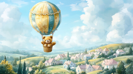 A whimsical teddy bear in a watercolor hot air balloon, flying over a picturesque village with pastel houses and rolling hills, under a bright sky