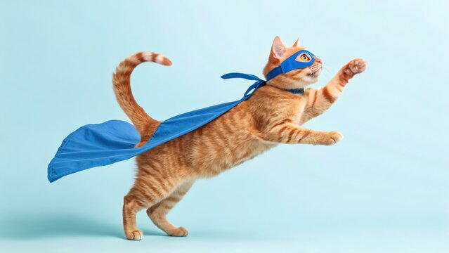 Ginger Cat Superhero Full Body, Blue Cape, Flying Pose, Pet Photography Cat photography,Superhero cat
