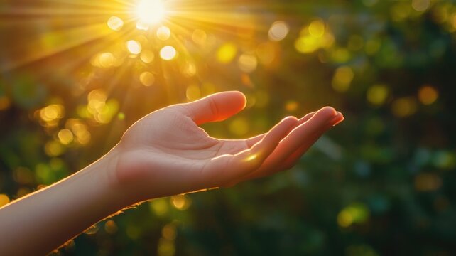 Female hand reaching towards sunlight with green blurred background