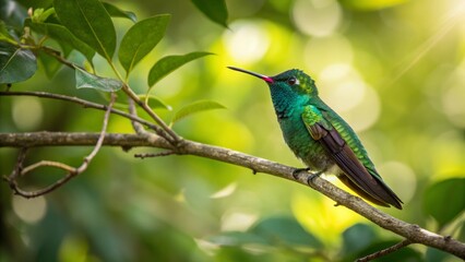 Naklejka premium Green-crowned Brilliant Hummingbird on Branch Vibrant Portrait, Wildlife Photography, Bird, Nature Hummingbird, Wildlife Photography