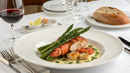 Grilled Lobster Tail with Asparagus and Scallops, Fine Dining Food Photography, Plate Composition, White Background, Seafood Seafood, Lobster