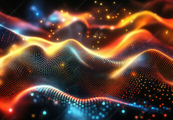Obraz premium Glowing particles create a mesmerizing landscape of color and light in a digital abstract representation