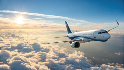 Fototapeta premium commercial airplane flying above clouds during sunset, showcasing beautiful sky
