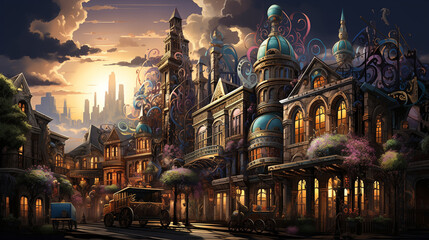 Naklejka premium Whimsical cityscape at sunset with ornate buildings