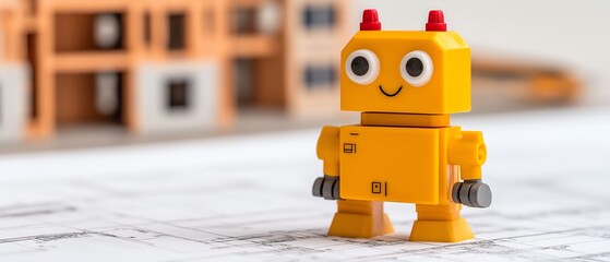 Fototapeta premium A cheerful yellow robot toy stands on architectural blueprints, symbolizing innovation and creativity in technology. Its playful design adds a fun element to the planning process.