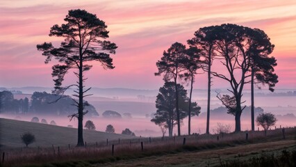 Misty Sunrise Landscape Silhouetted Pines, Pink Sky, Rolling Hills, Landscape Photography, Nature Scenery Landscape Photography, Nature