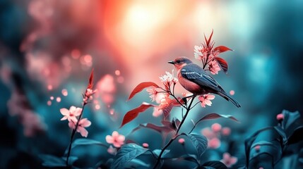 Bird on Blooming Branch at Sunset