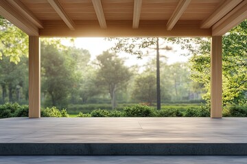 Fototapeta premium Contemporary contemporary style wooden pavilion with blurred green background overlooking garden, 3D rendering, polished concrete floor.