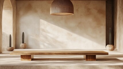 Minimalist Wooden Bench in Modern Desert Interior