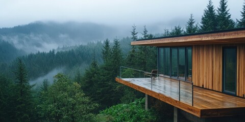 Modern cabin retreat in misty forest landscape