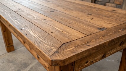 Fototapeta premium Rustic Wooden Table Top High-Resolution Close-up, Planked Texture, Warm Brown Finish, Wood Grain Detail. , rustic furniture, farmhouse table