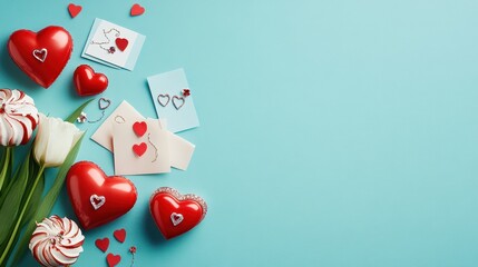 Fototapeta na wymiar Happy Valentine Banner Template with Heart Decorations and Flowers